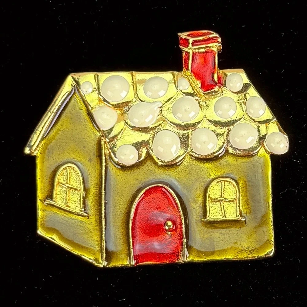 Vintage, holiday festive, aged goldtone, red gingerbread house, brooch